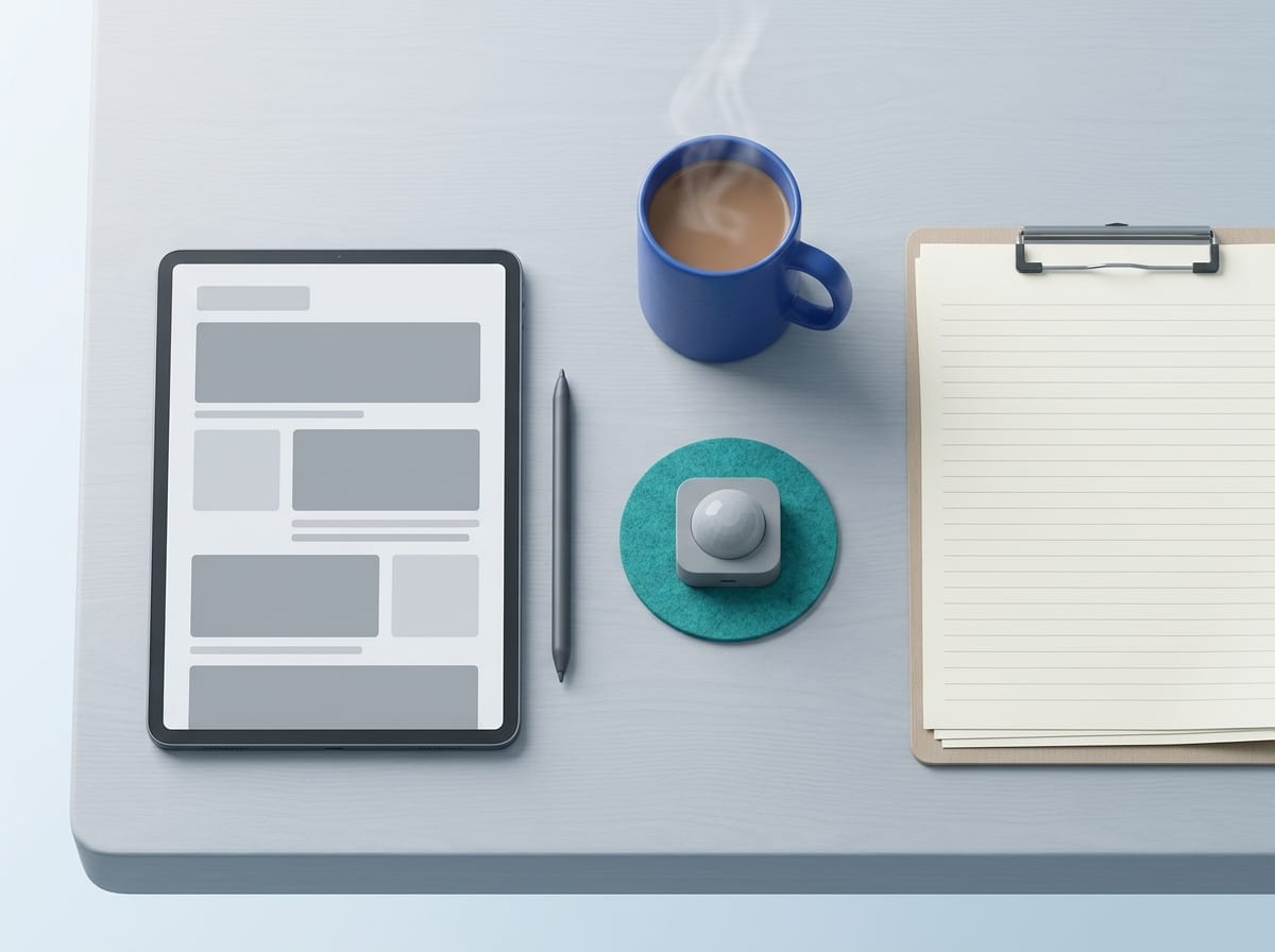 Spokojne zestawienie przygotowania do lektury — tablet z prostym układem kart artykułów i minimalistyczny moduł czujnika przy filiżance kawy.