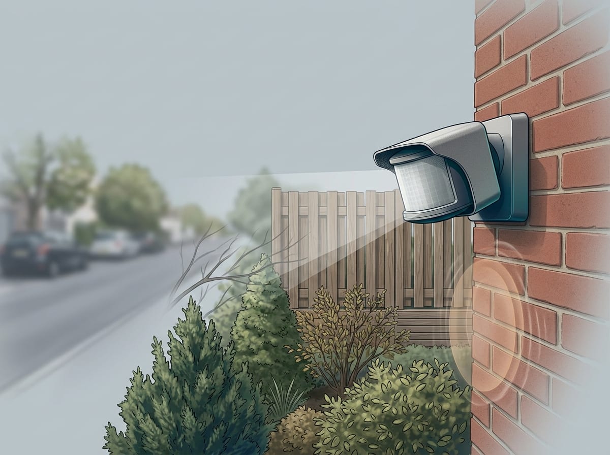 Czujnik zewnętrzny z delikatnymi motywami ruchomej roślinności i tła miejskiego — ilustracja typowych źródeł zakłóceń przy detekcji.